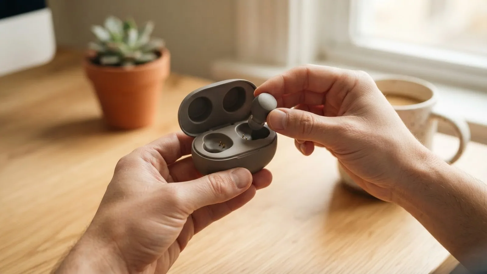 Two hands placing a wireless earbud into its open charging case over a wooden desk.