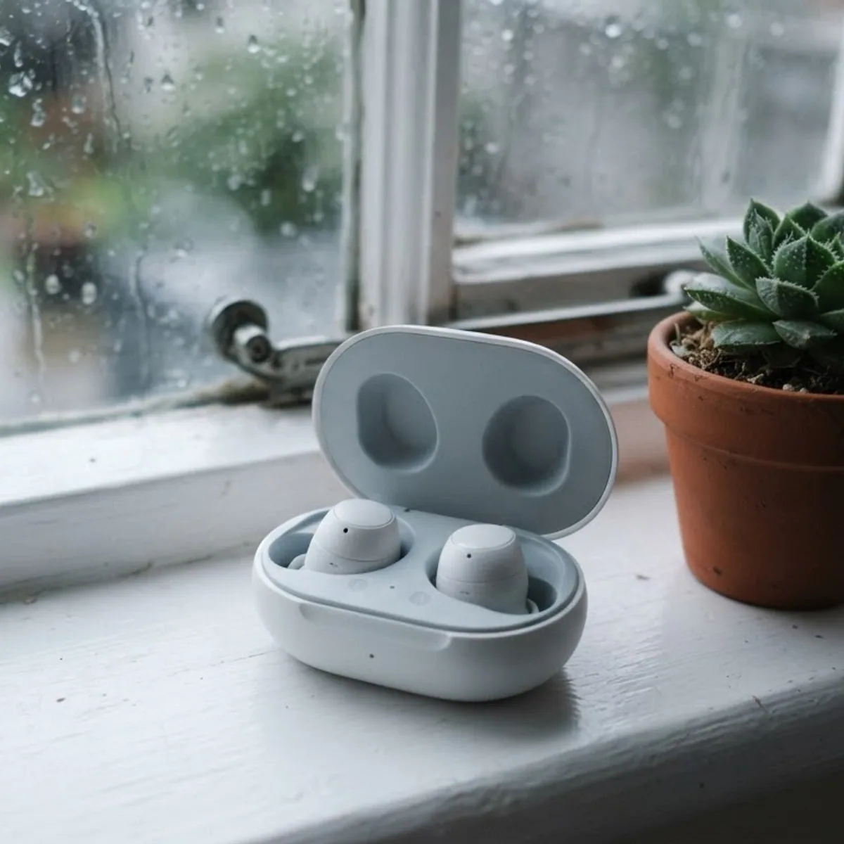 An open white charging case with two wireless earbuds on a white windowsill beside a small succulent, with rain on the window.