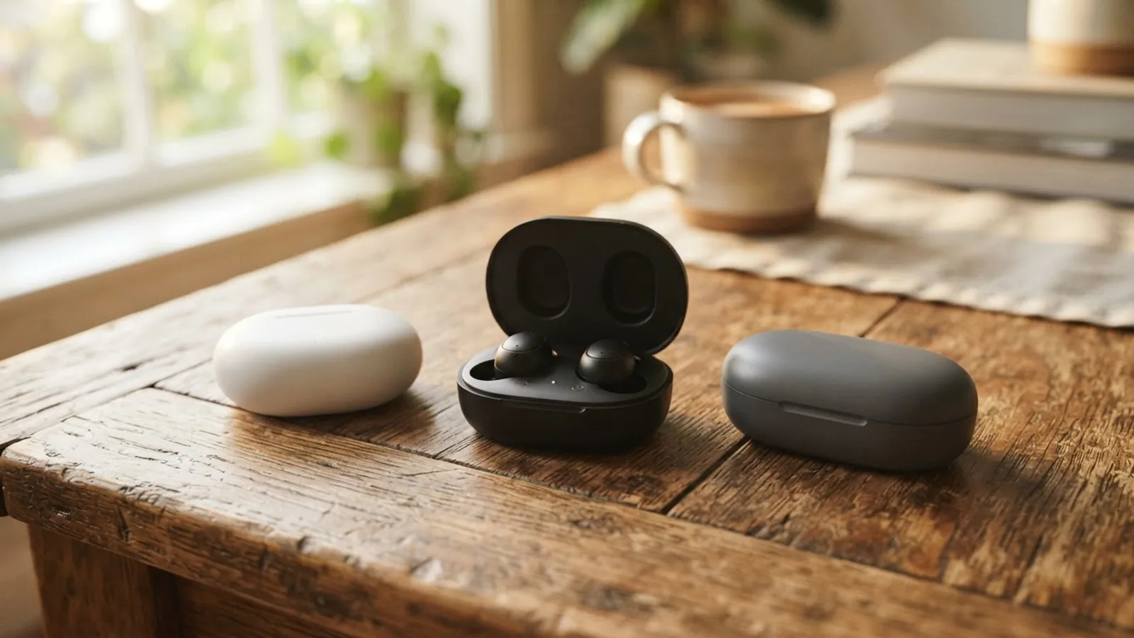Three wireless earbuds cases in white, black and grey on a wooden table, with the black case open and two earbuds inside.