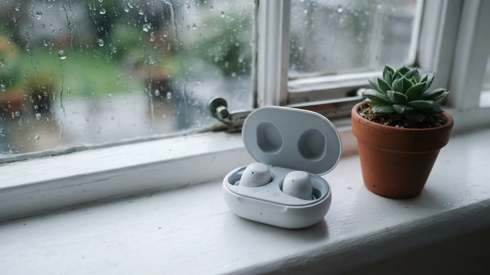 An open white charging case with two wireless earbuds on a white windowsill beside a small succulent, with rain on the window.