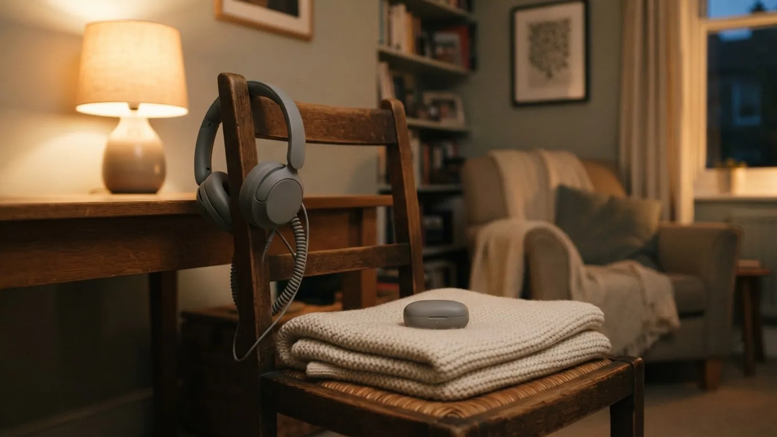 Grey over-ear headphones hanging on a wooden chair, with a closed earbuds case resting on a folded knit throw in warm lamp light.