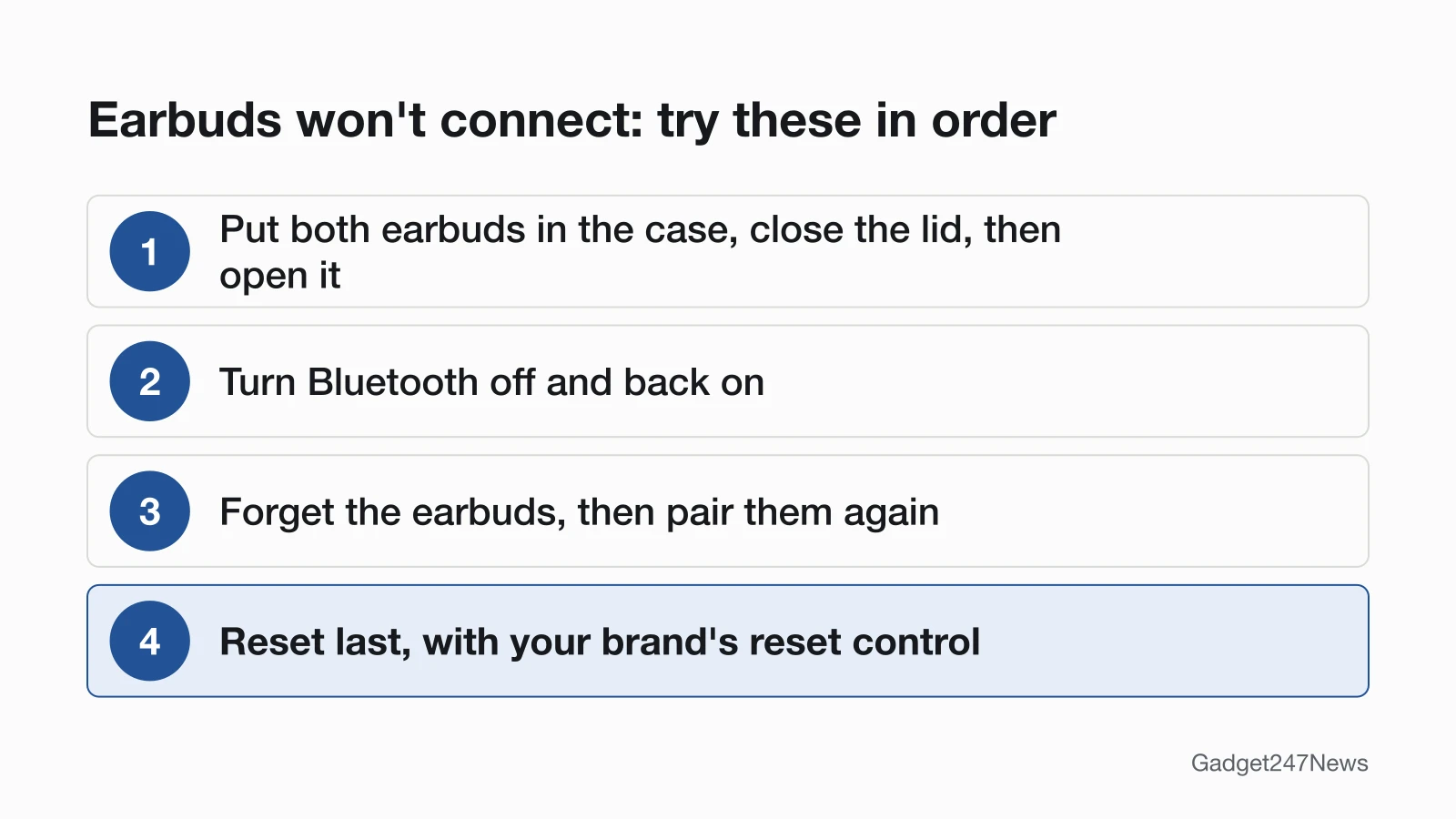 Four steps for earbuds that won't connect: put both earbuds in the case and close the lid, turn Bluetooth off and on, forget the earbuds and pair them again, then reset them as the last step.