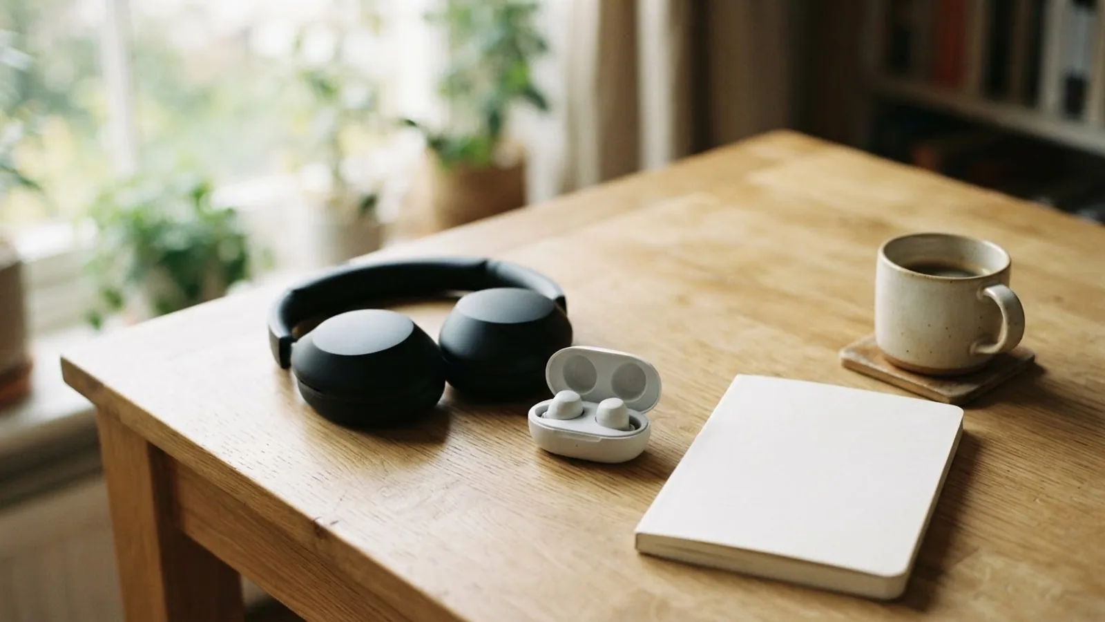 A pair of black over-ear headphones and an open charging case with two white wireless earbuds on a wooden desk, next to a notebook and a coffee cup.