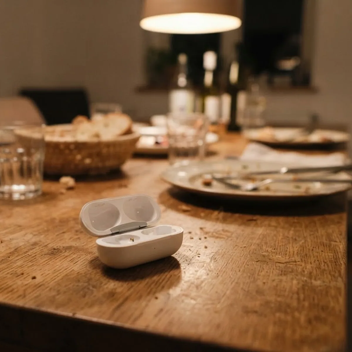 Open white earbuds case on a wooden dining table after dinner, with plates, glasses and bread behind