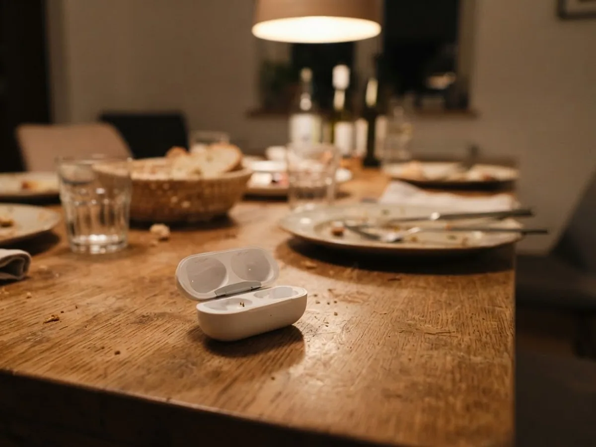 Open white earbuds case on a wooden dining table after dinner, with plates, glasses and bread behind