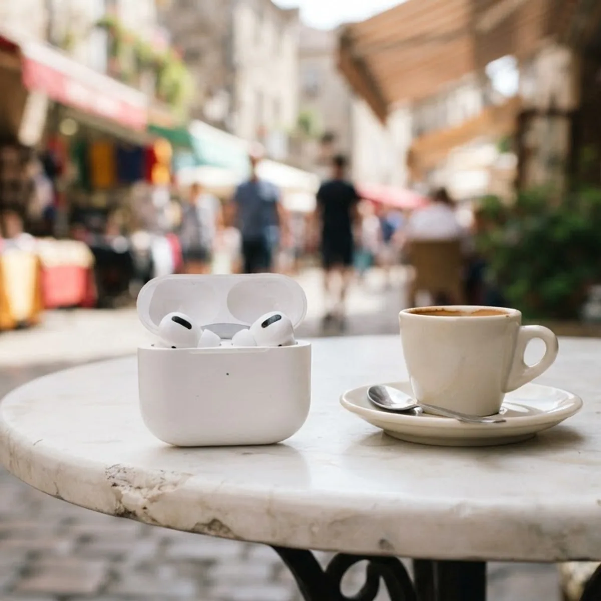 Open white earbuds case beside an espresso cup on a marble table at an outdoor street café