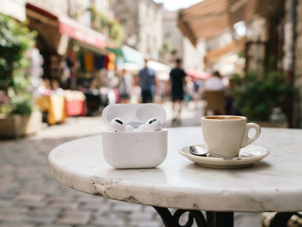 Open white earbuds case beside an espresso cup on a marble table at an outdoor street café