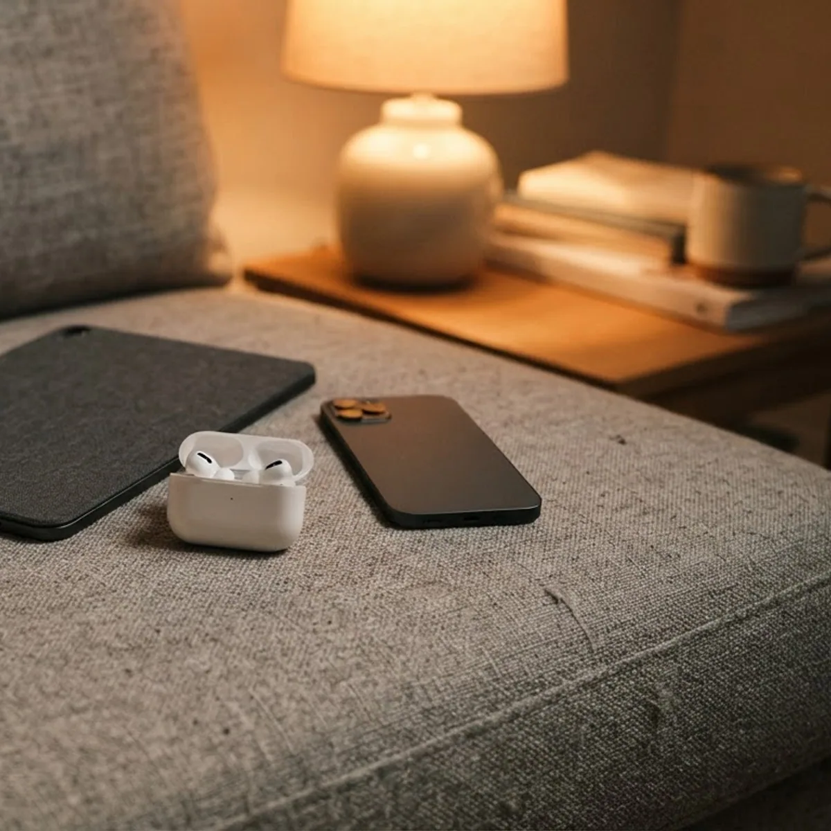 Tablet and phone lying face-down with an open earbuds case between them on a grey sofa