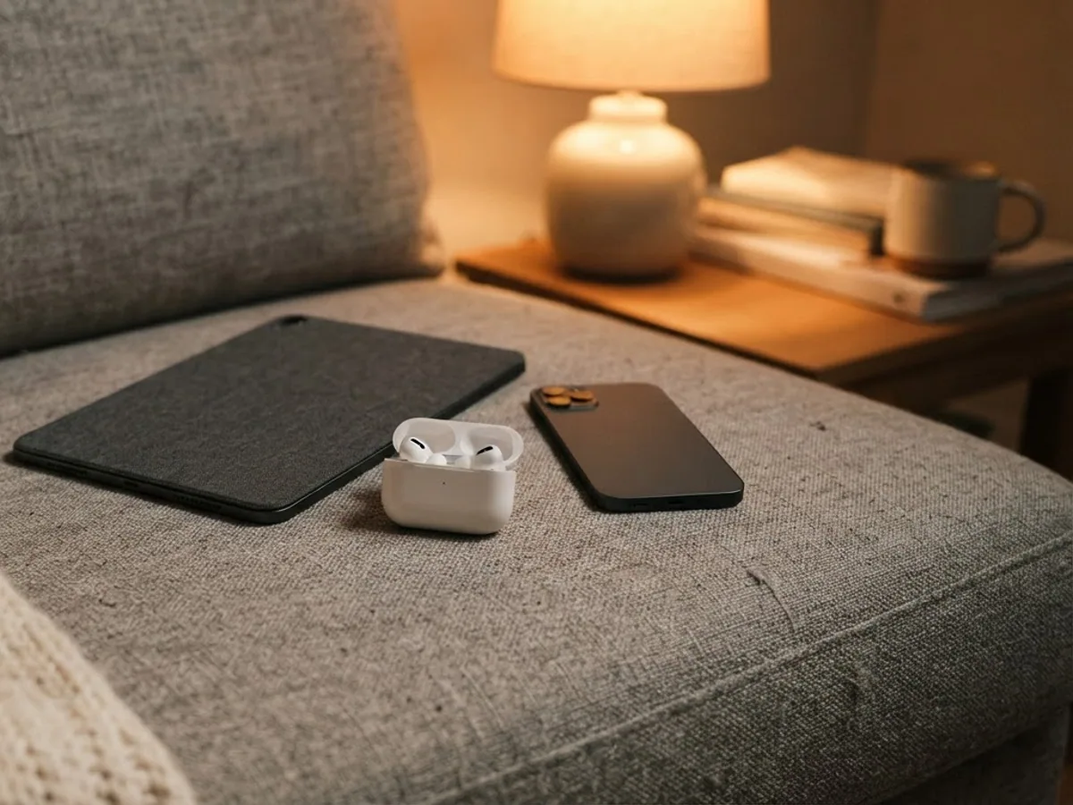 Tablet and phone lying face-down with an open earbuds case between them on a grey sofa