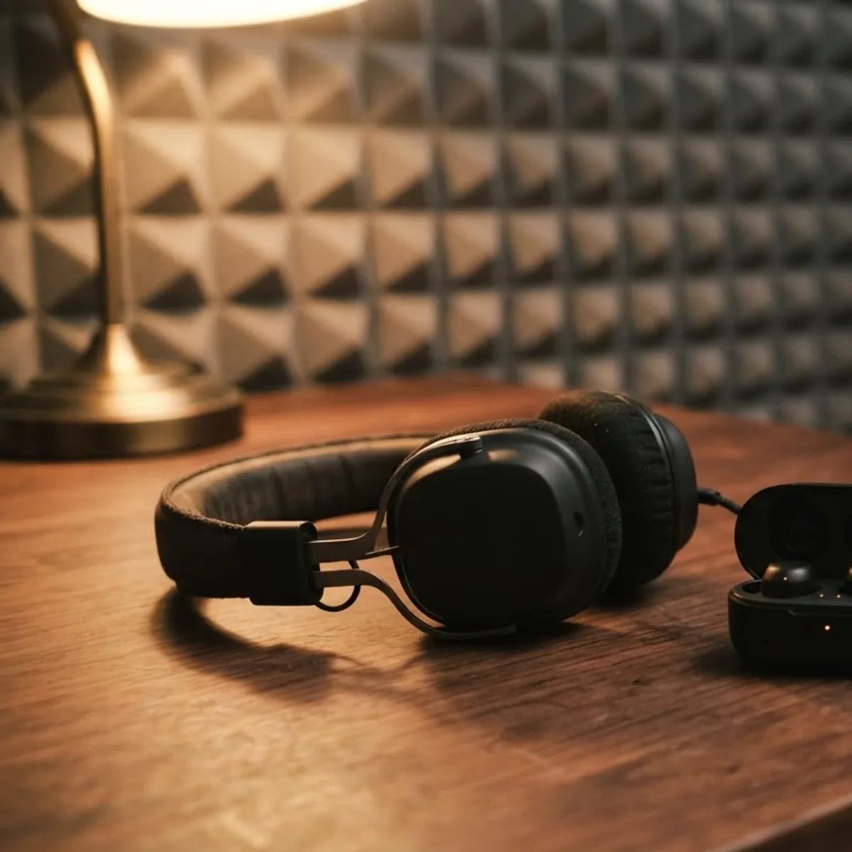 Over-ear headphones and an open black earbuds case on a walnut desk with acoustic panels behind