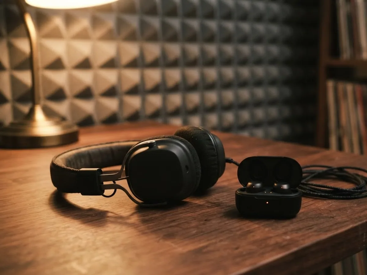 Over-ear headphones and an open black earbuds case on a walnut desk with acoustic panels behind