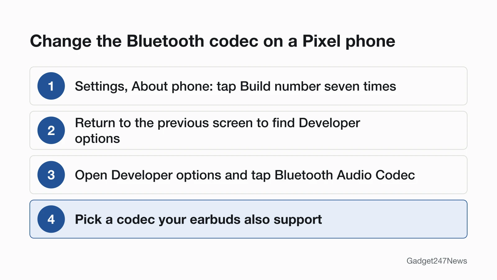 Four numbered steps to change the Bluetooth codec on a Pixel phone: tap Build number seven times in About phone, return to find Developer options, tap Bluetooth Audio Codec, then pick a codec your earbuds also support.
