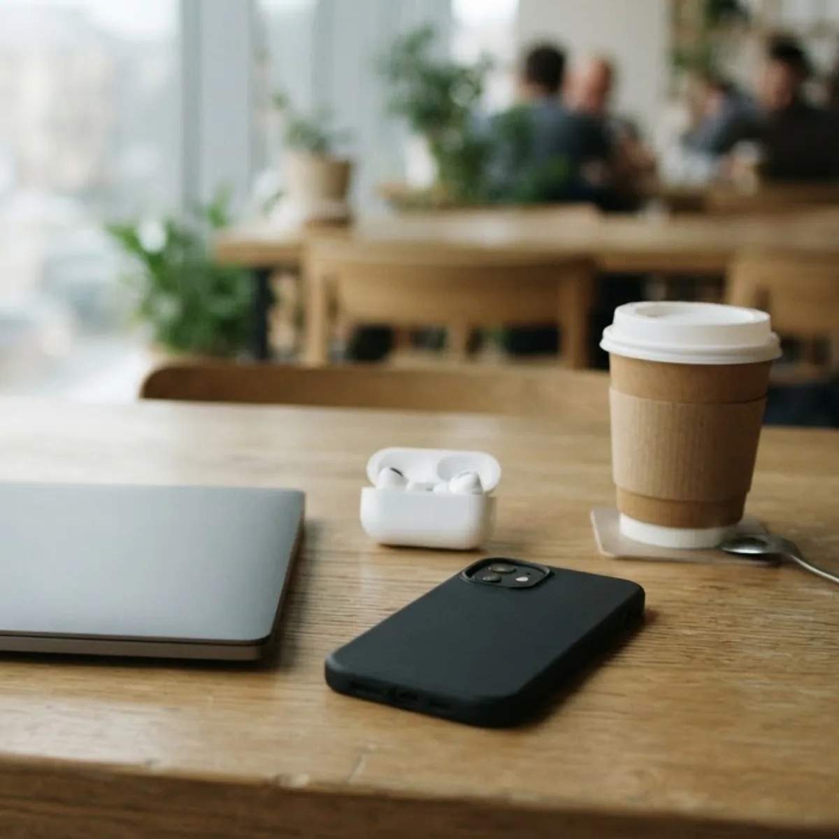 Closed laptop, open earbuds case, face-down phone and a coffee cup on a shared desk
