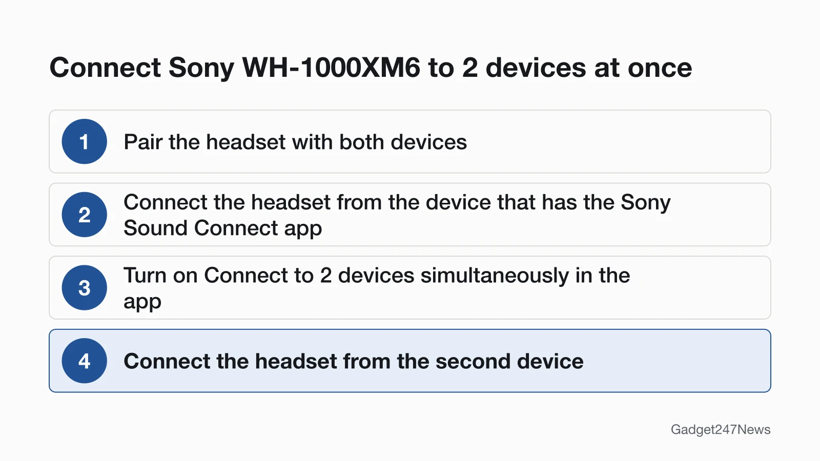 Four numbered steps to turn on multipoint on Sony WH-1000XM6: pair both devices, connect from the device with the Sony Sound Connect app, turn on Connect to 2 devices simultaneously, then connect the second device.