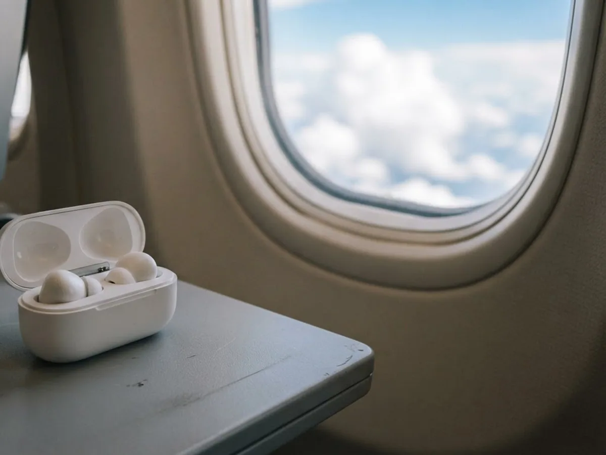 Open white earbuds case with earbuds inside on an airplane tray table beside the window