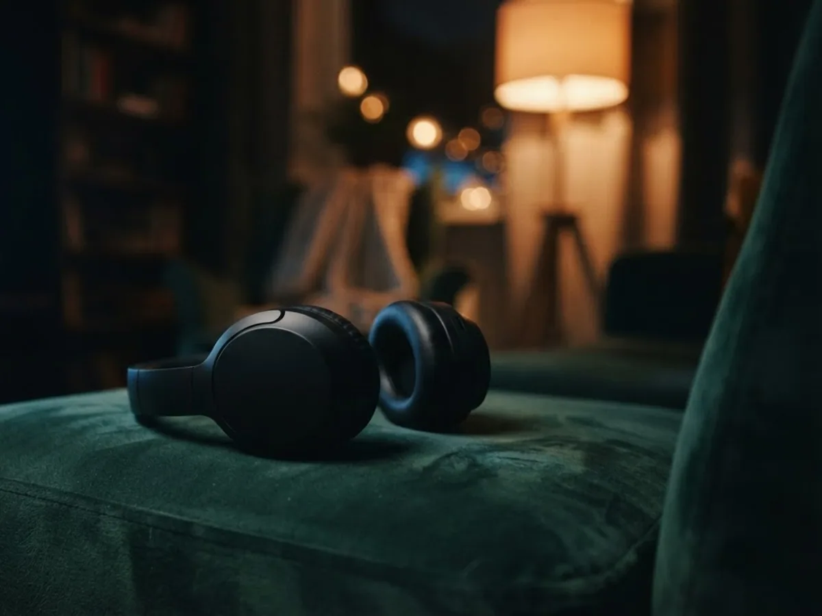Black over-ear headphones resting on a green velvet armchair in a dim living room