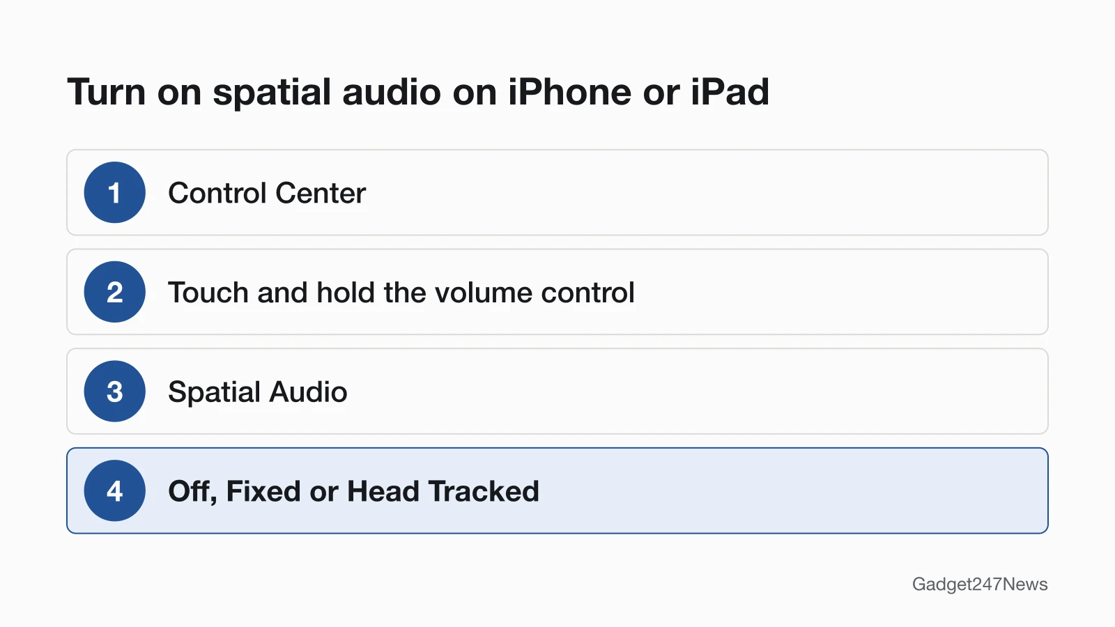 Diagram of the iPhone and iPad path to turn spatial audio on or off with AirPods: Control Center, touch and hold the volume control, Spatial Audio, then Off, Fixed or Head Tracked.