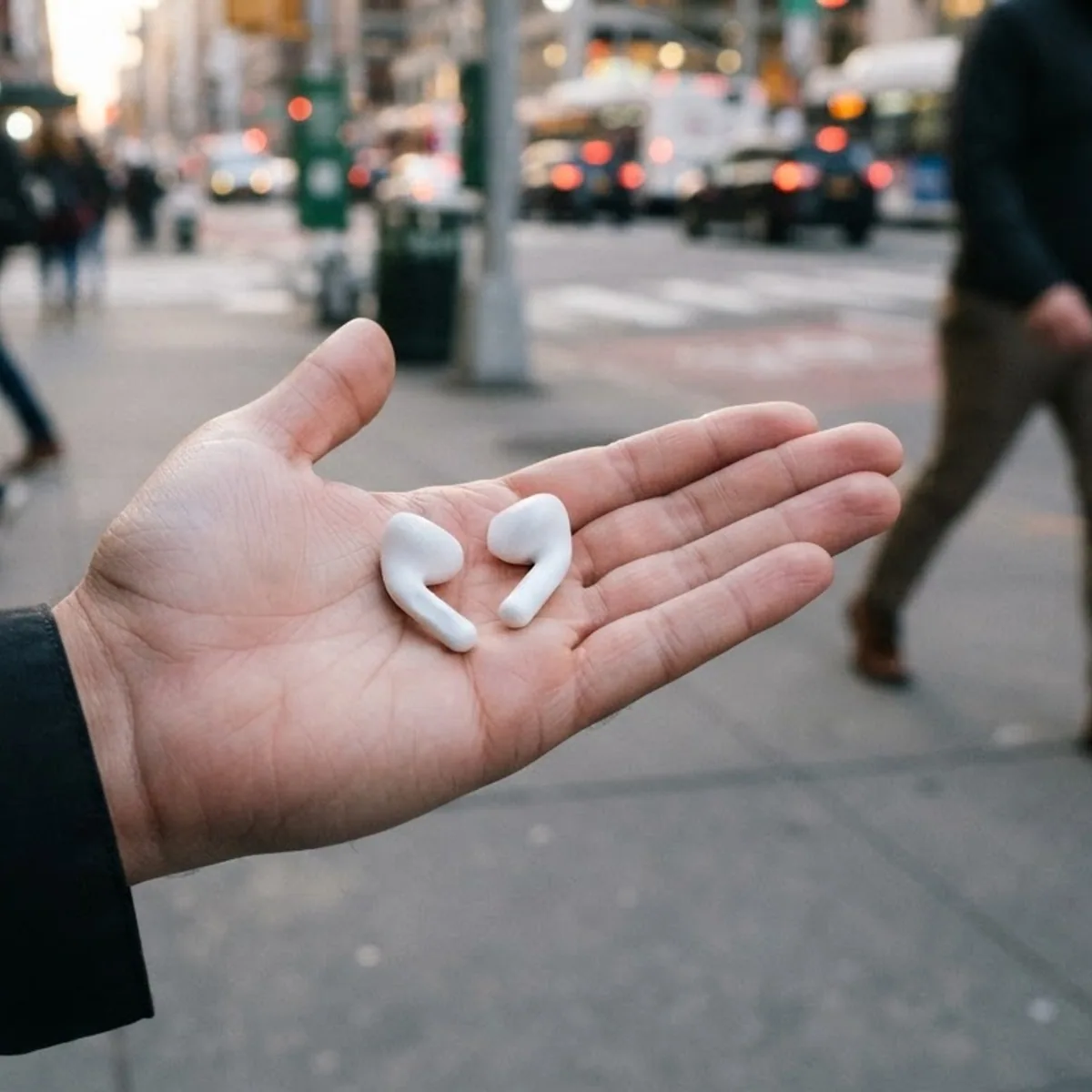 Open hand holding two white earbuds on a busy city sidewalk with traffic and walkers behind