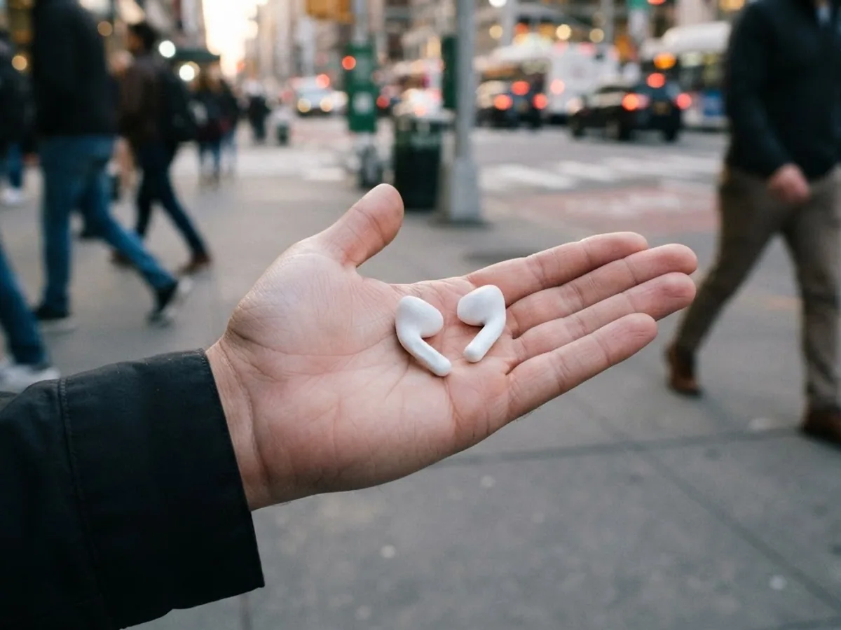 Open hand holding two white earbuds on a busy city sidewalk with traffic and walkers behind