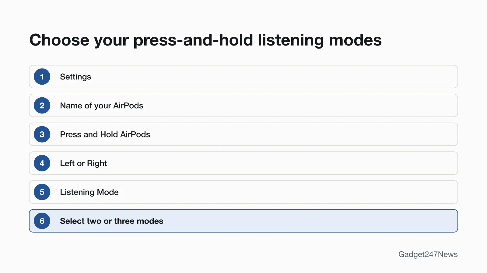 Diagram of the iPhone Settings path to choose which listening modes the AirPods press and hold switches between: Settings, the name of your AirPods, Press and Hold AirPods, Left or Right, Listening Mode, then select two or three modes.