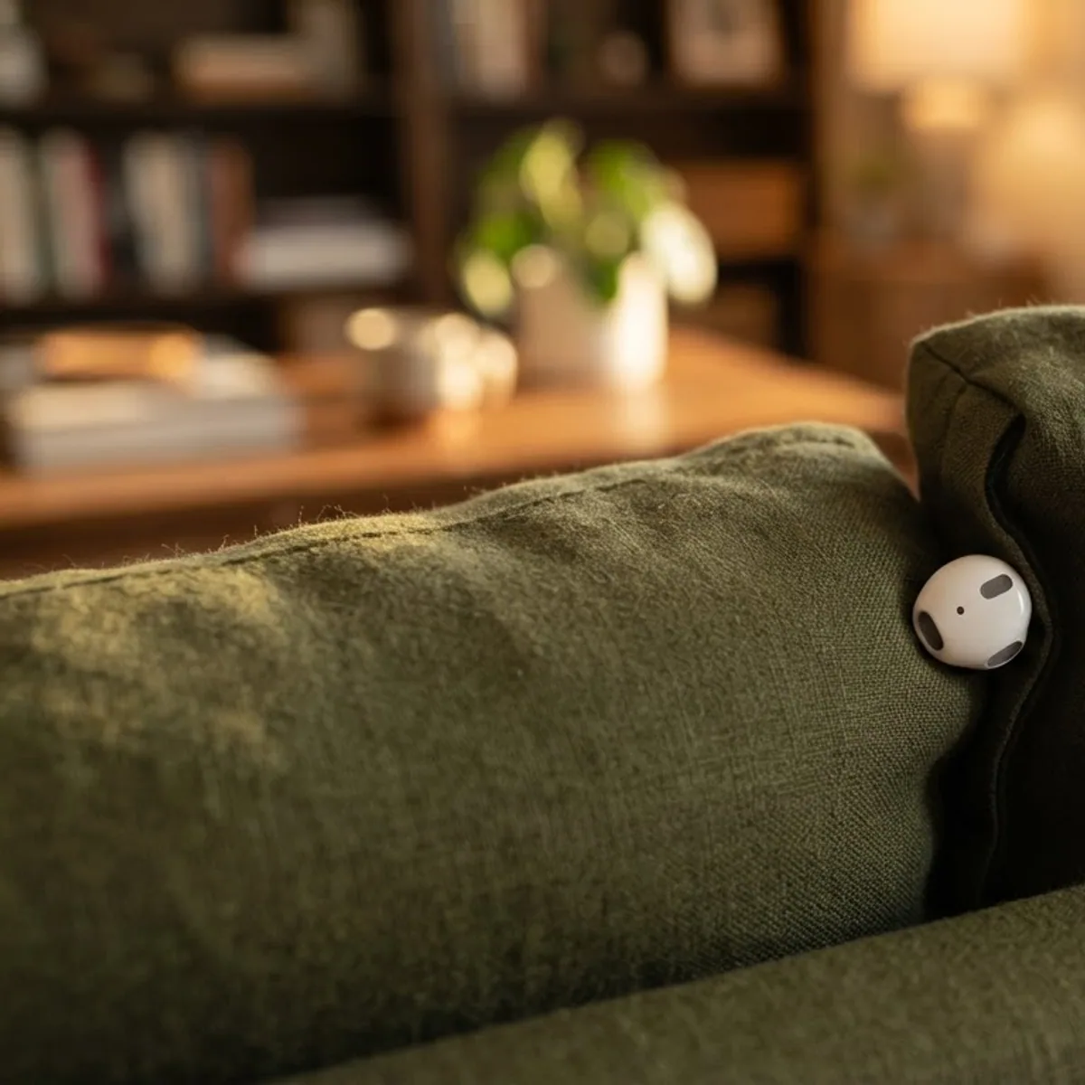 Single white earbud tucked between the cushions of a green linen couch in warm late afternoon light