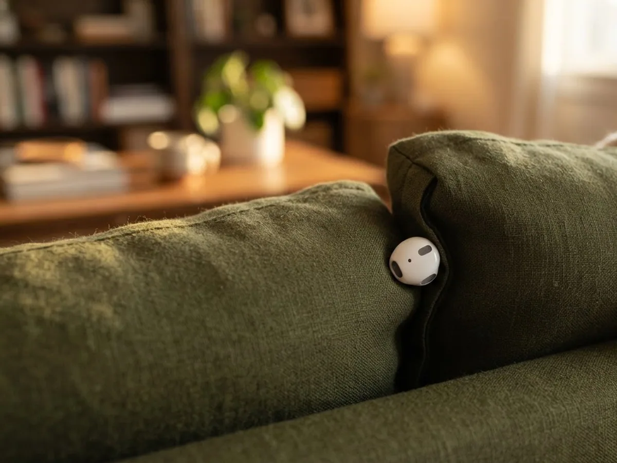 Single white earbud tucked between the cushions of a green linen couch in warm late afternoon light