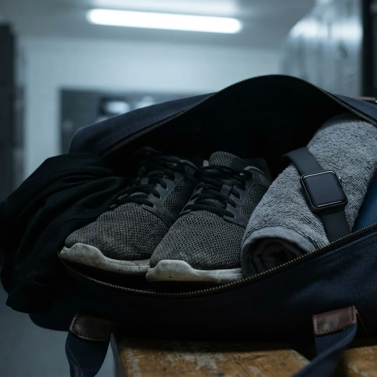 Square smartwatch with a black band lying on a rolled towel inside an open gym bag on a locker room bench