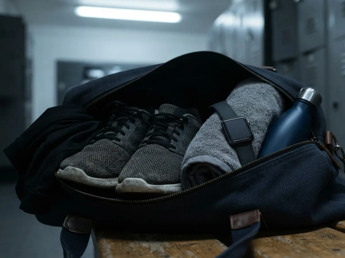Square smartwatch with a black band lying on a rolled towel inside an open gym bag on a locker room bench