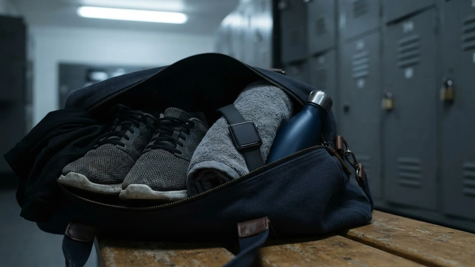 Square smartwatch with a black band lying on a rolled towel inside an open gym bag on a locker room bench