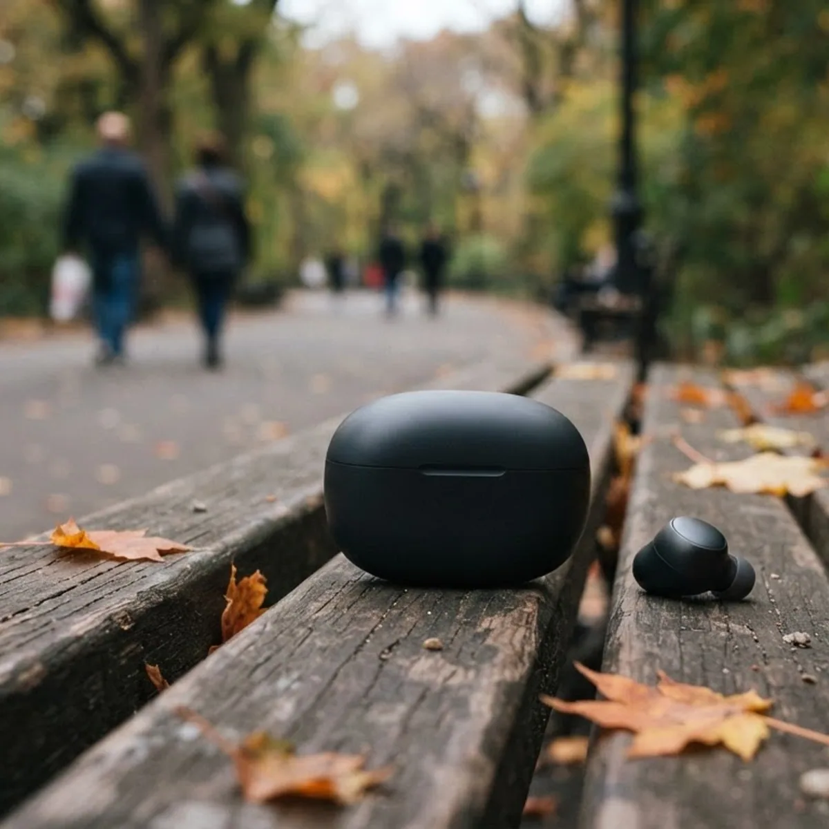 Dark earbud case and a single dark earbud on a wooden park bench scattered with autumn leaves