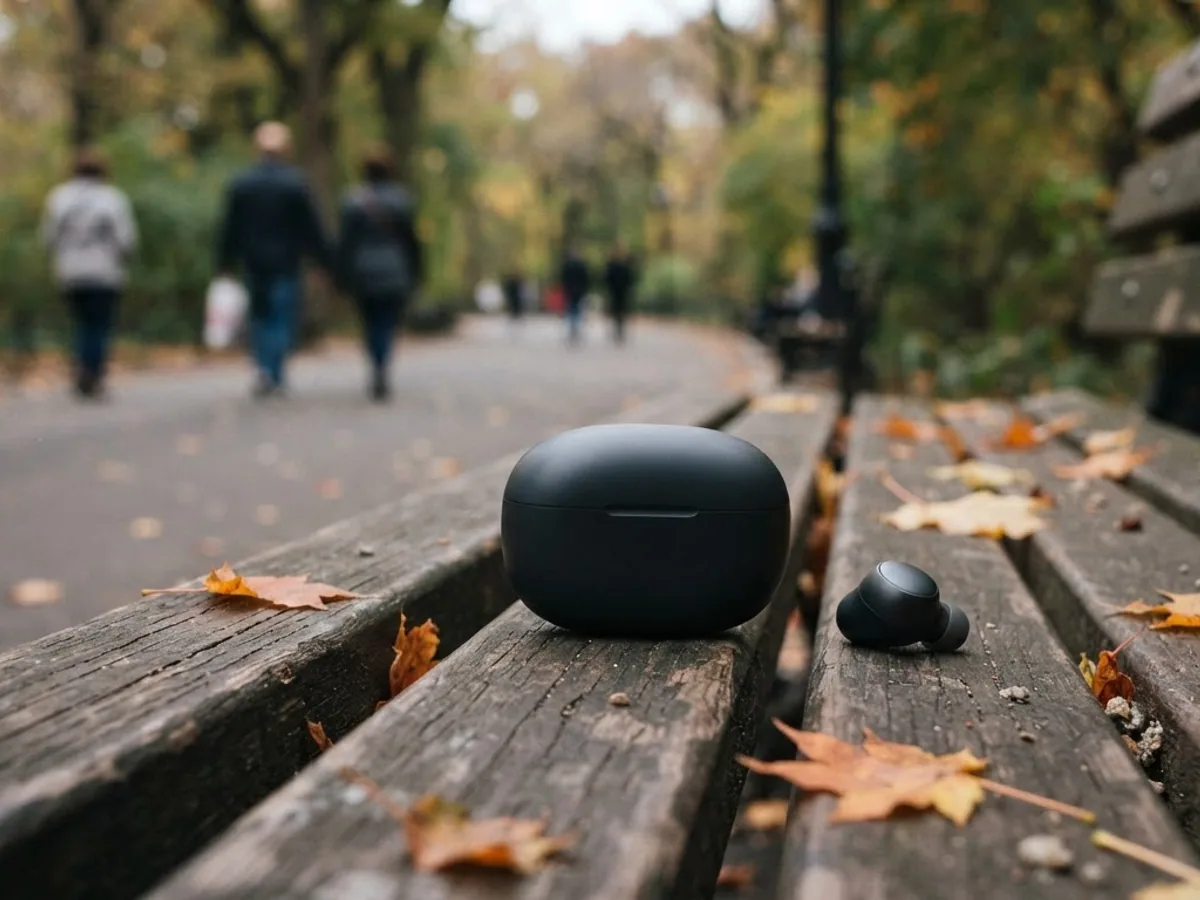 Dark earbud case and a single dark earbud on a wooden park bench scattered with autumn leaves