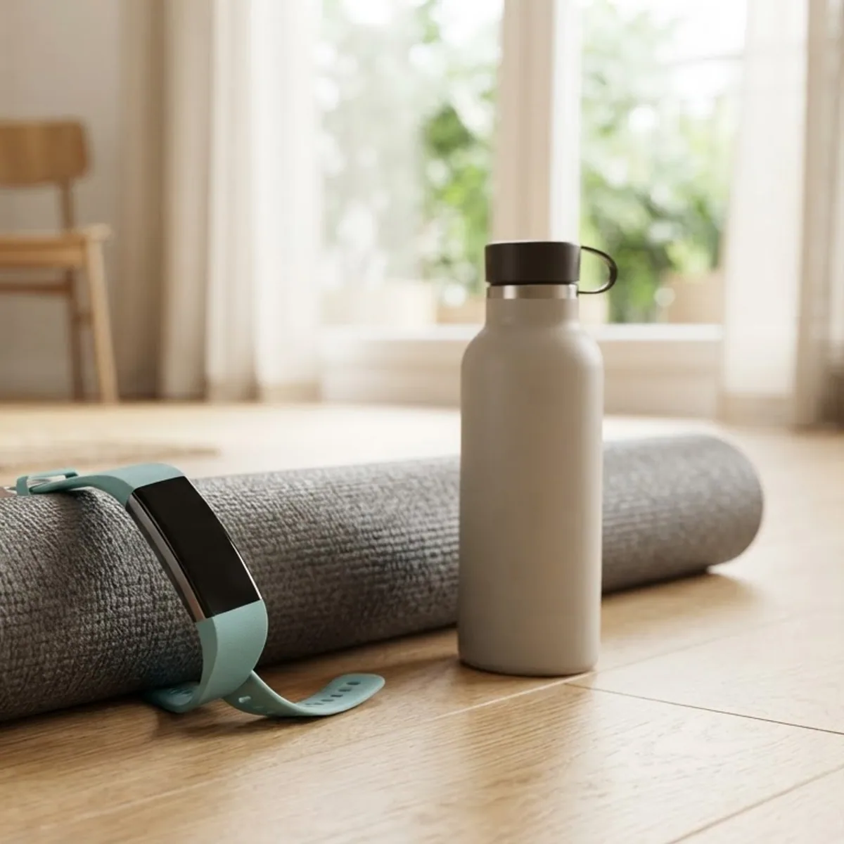 A slim fitness tracker with a teal band resting on a rolled yoga mat beside a water bottle