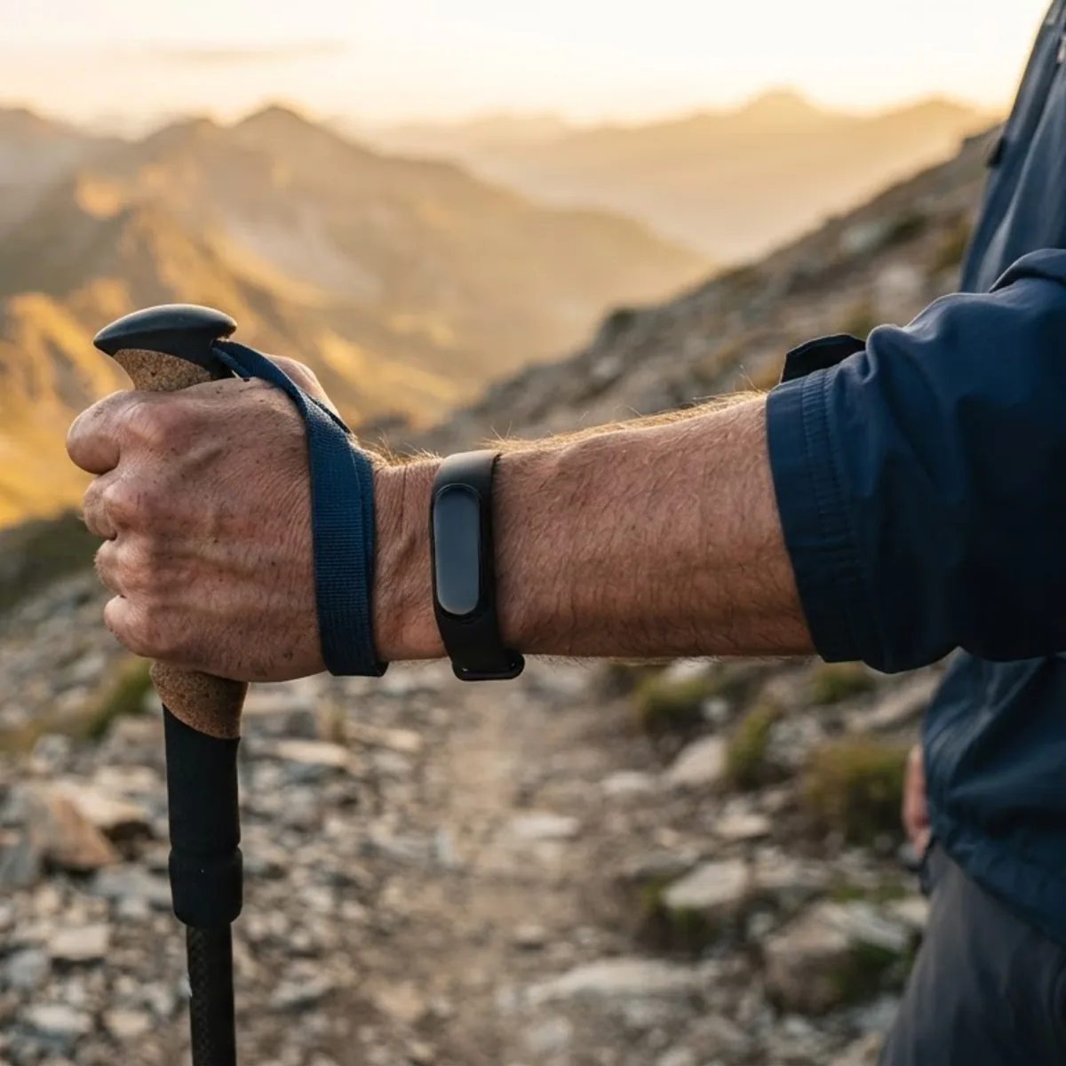 A hiker's hand gripping a trekking pole on a rocky mountain trail at sunset, wearing a slim black fitness tracker
