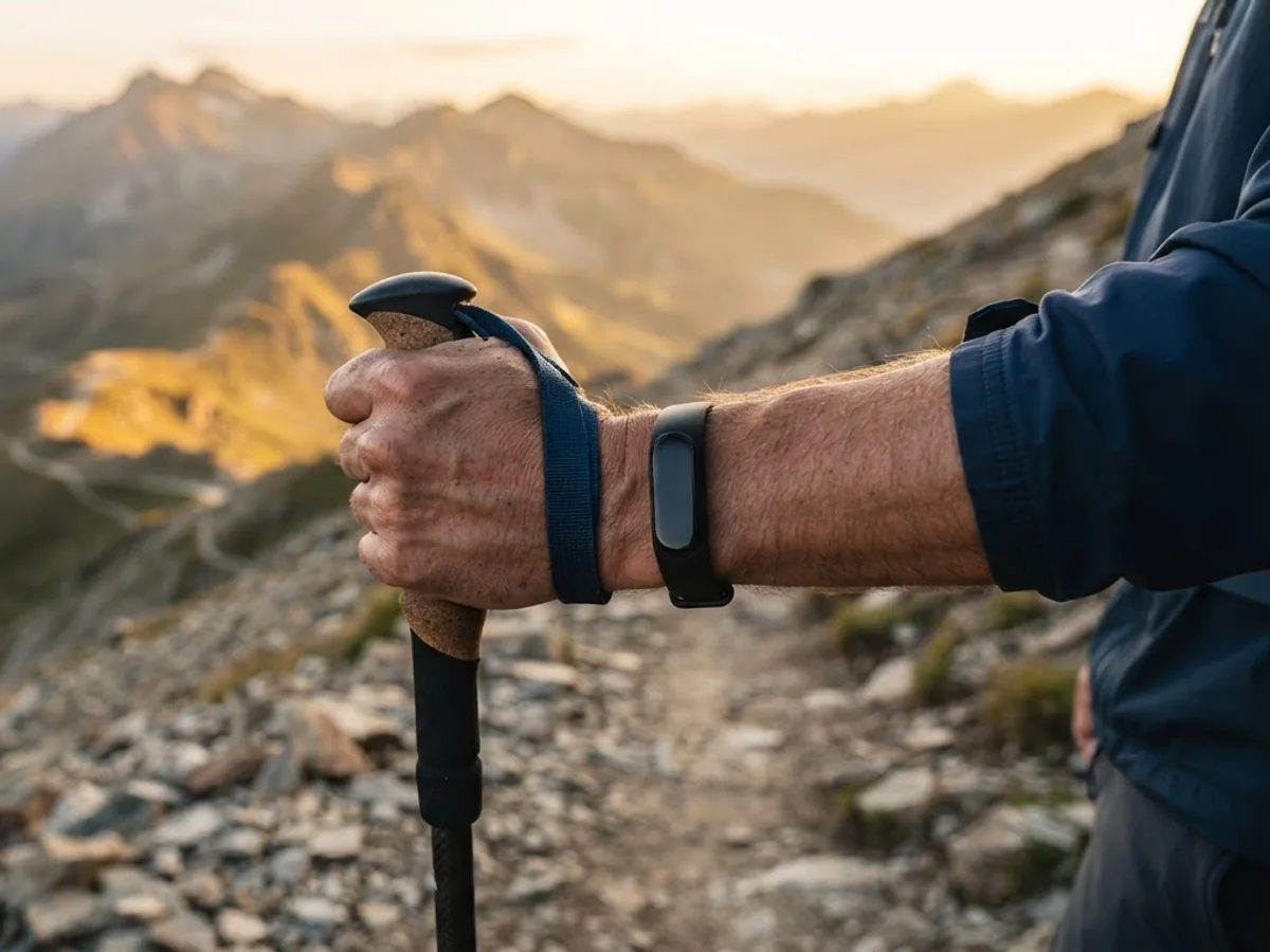 A hiker's hand gripping a trekking pole on a rocky mountain trail at sunset, wearing a slim black fitness tracker
