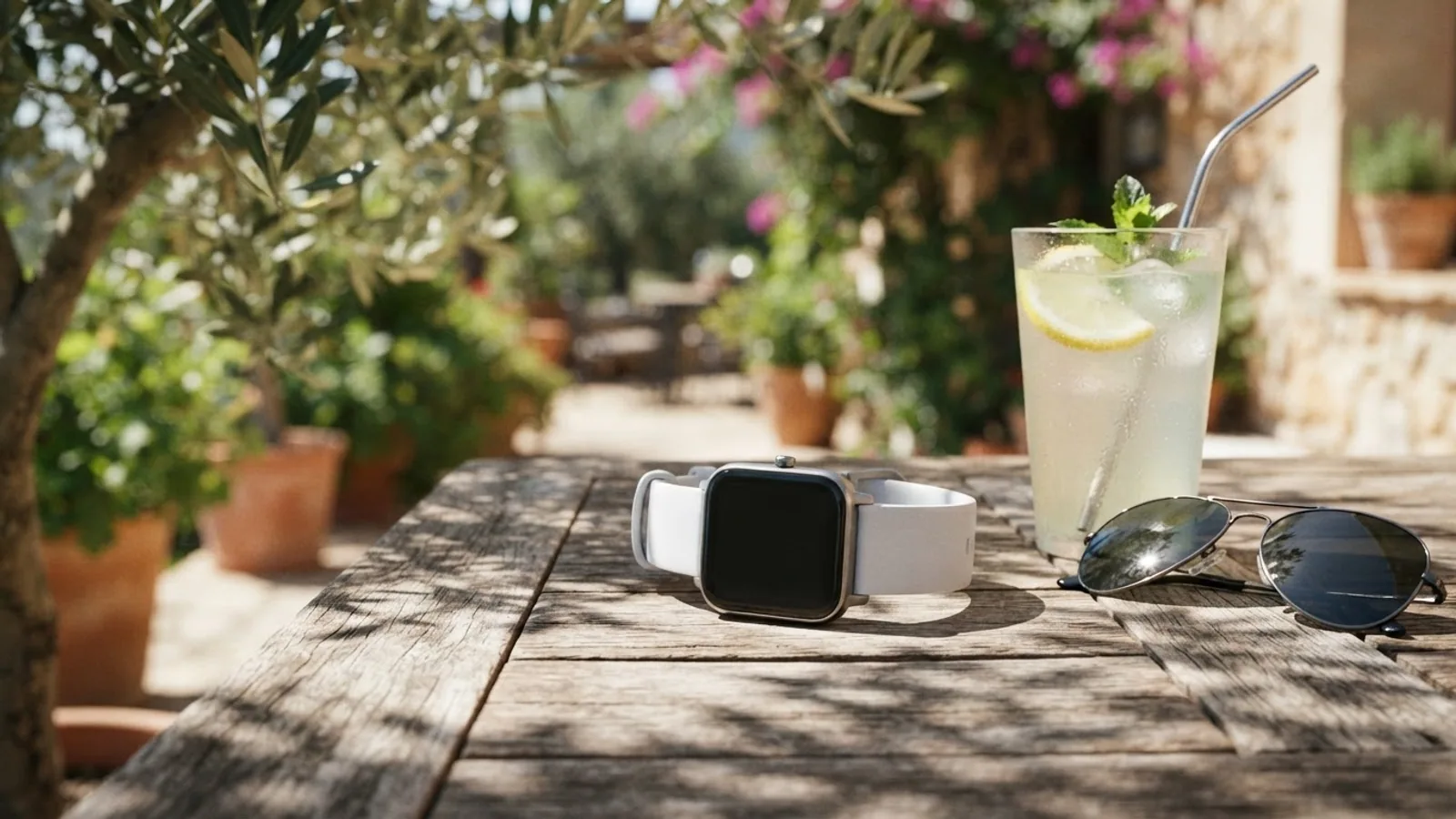 A square fitness watch with a white band on a sunny patio table beside sunglasses and a glass of lemonade