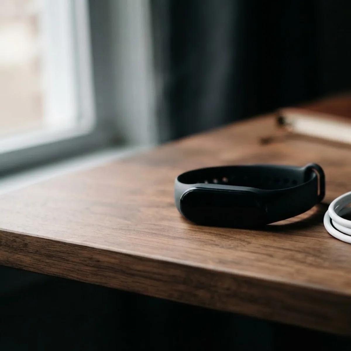 A slim black fitness tracker on a walnut desk beside a coiled white cable and a white wall plug