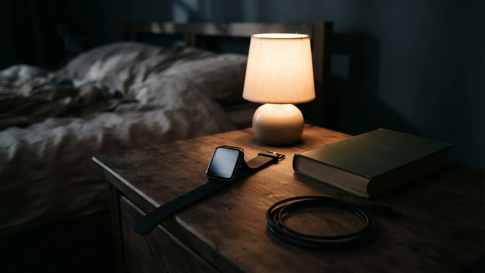 A square fitness watch with a dark screen on a bedside table at night next to a lamp, a book and a coiled cable
