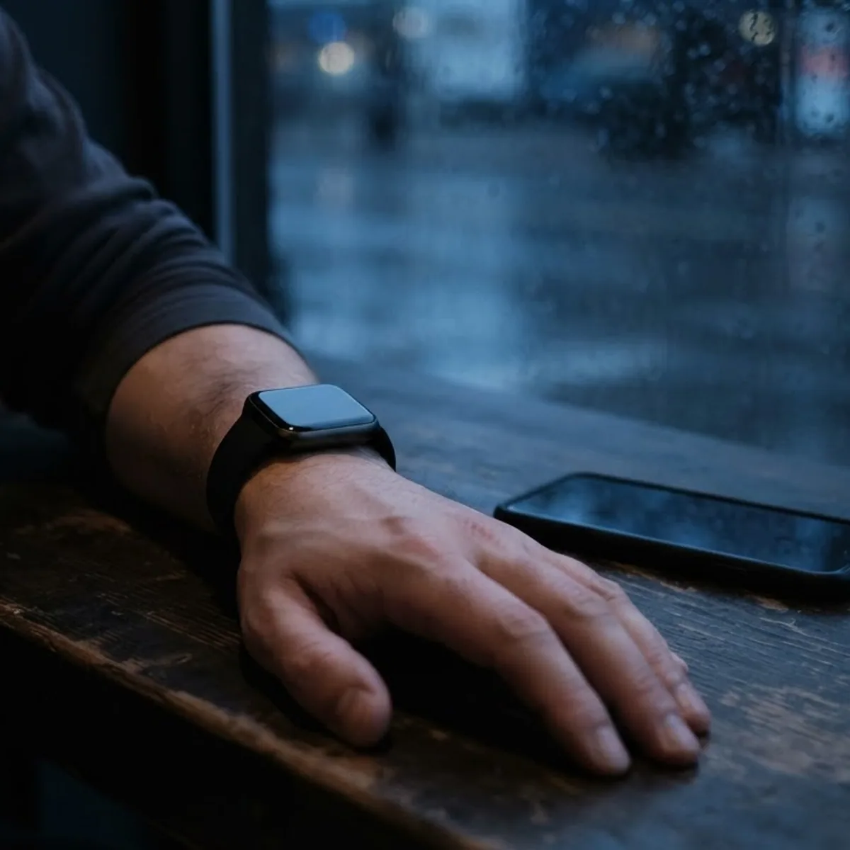 A hand wearing a square fitness watch resting on a wooden table beside a phone, with a rainy window behind