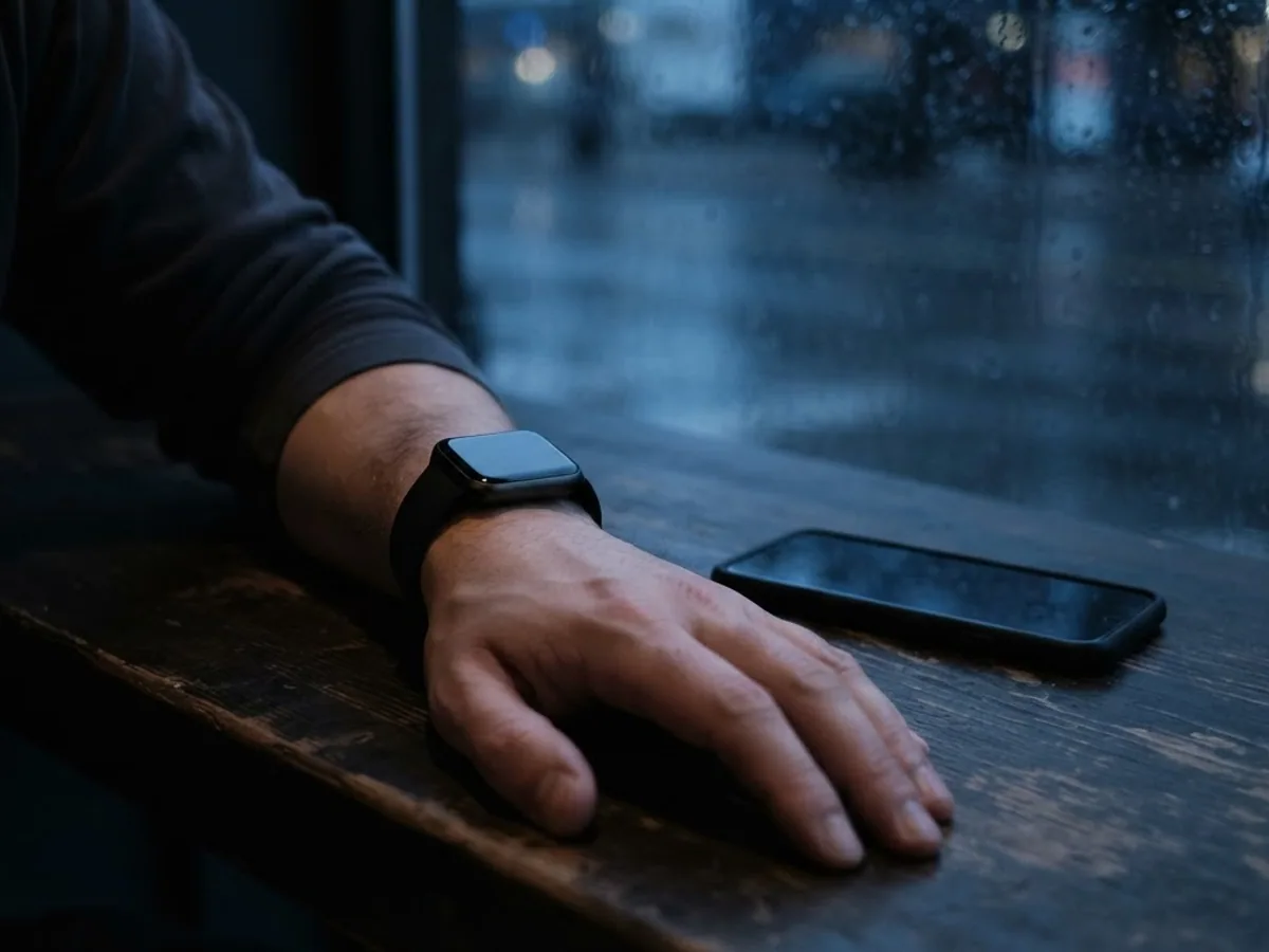 A hand wearing a square fitness watch resting on a wooden table beside a phone, with a rainy window behind