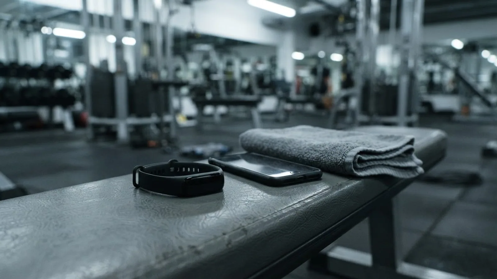 A slim black fitness tracker, a smartphone and a folded towel on a padded bench in a gym