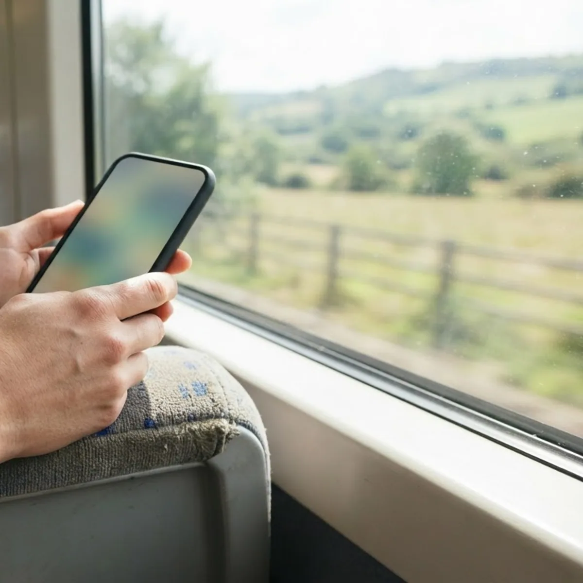 Hands holding a smartphone on a train by a sunny window, one wrist wearing a slim black fitness tracker
