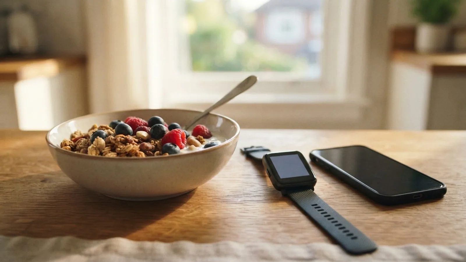 A square fitness watch and a smartphone lying on a kitchen table next to a bowl of granola and berries