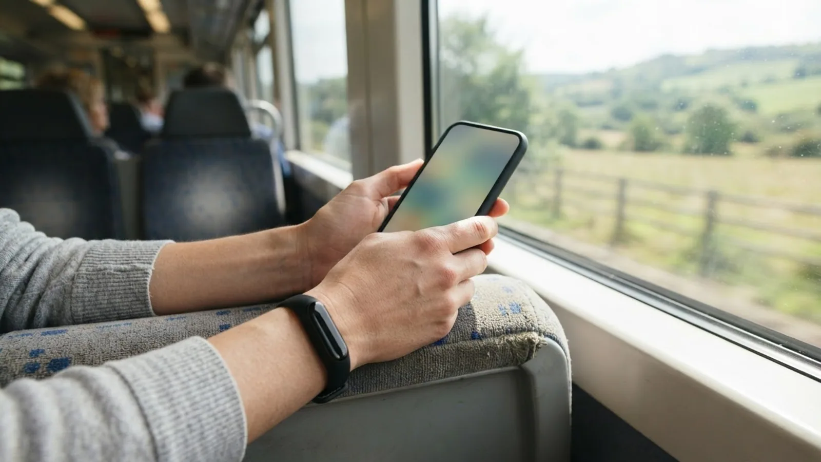 Hands holding a smartphone on a train by a sunny window, one wrist wearing a slim black fitness tracker