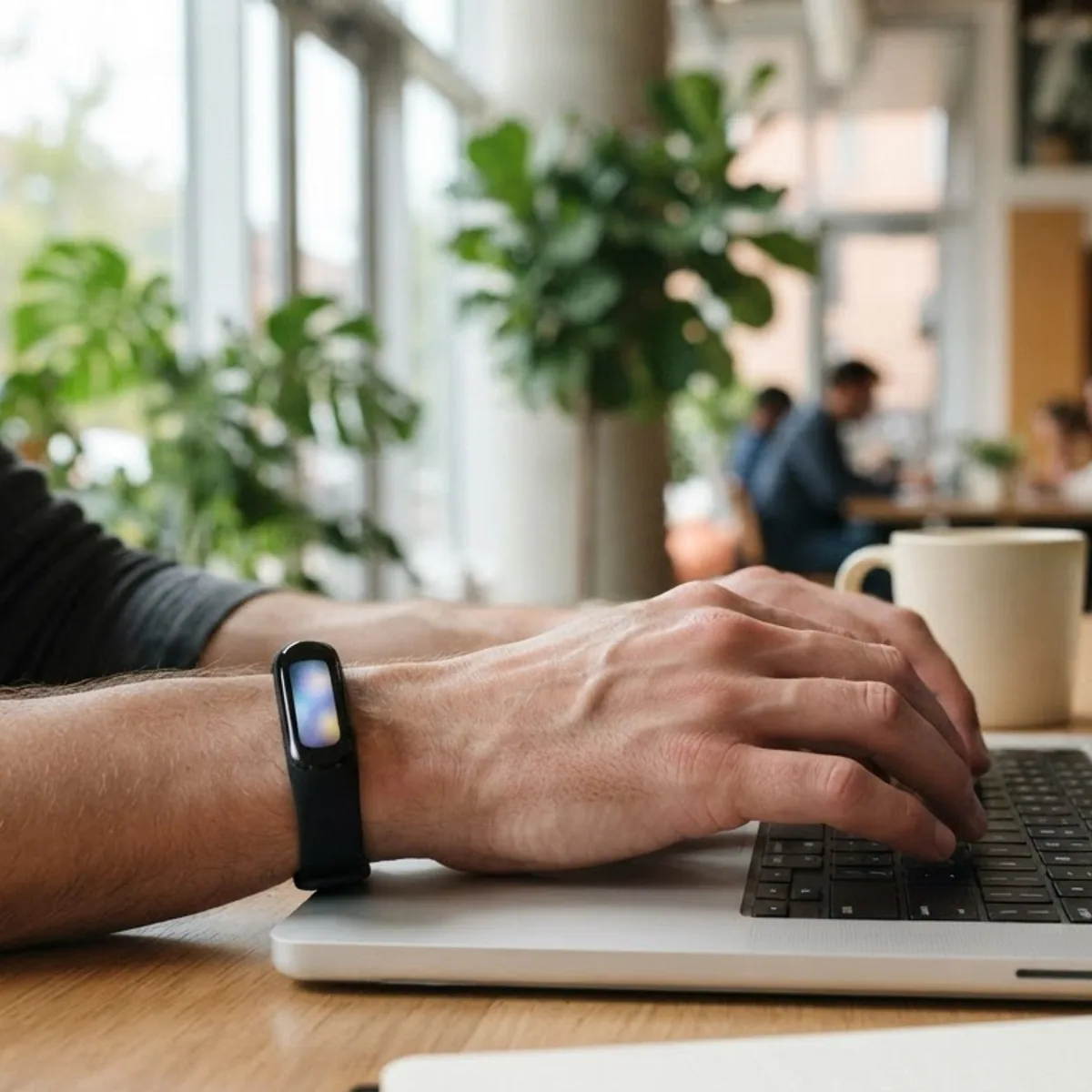 Hands typing on a laptop in a bright coworking space, one wrist wearing a slim fitness tracker with a lit screen