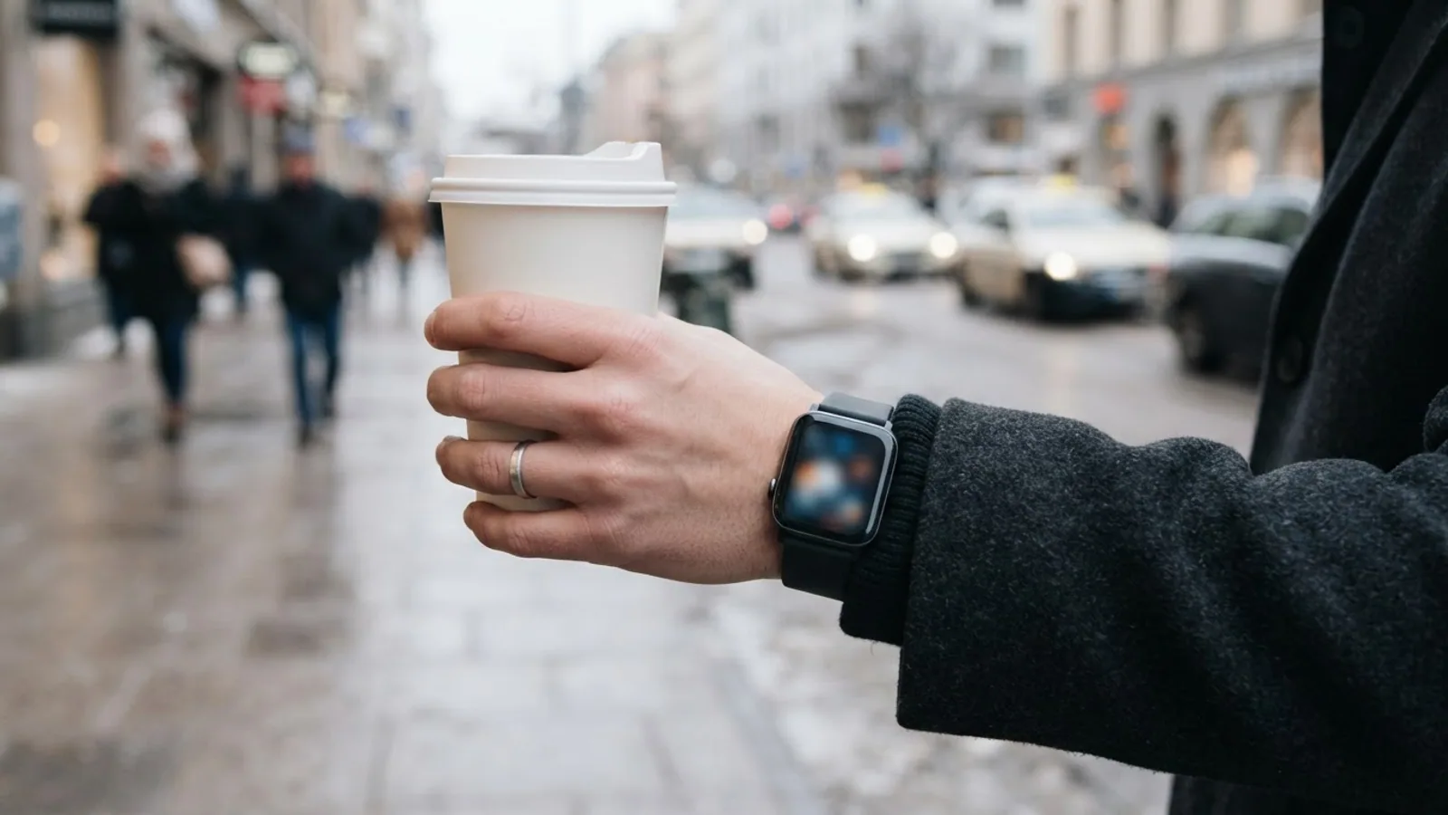A hand holding a takeaway coffee cup on a winter city street, the wrist wearing a square fitness watch with a lit screen