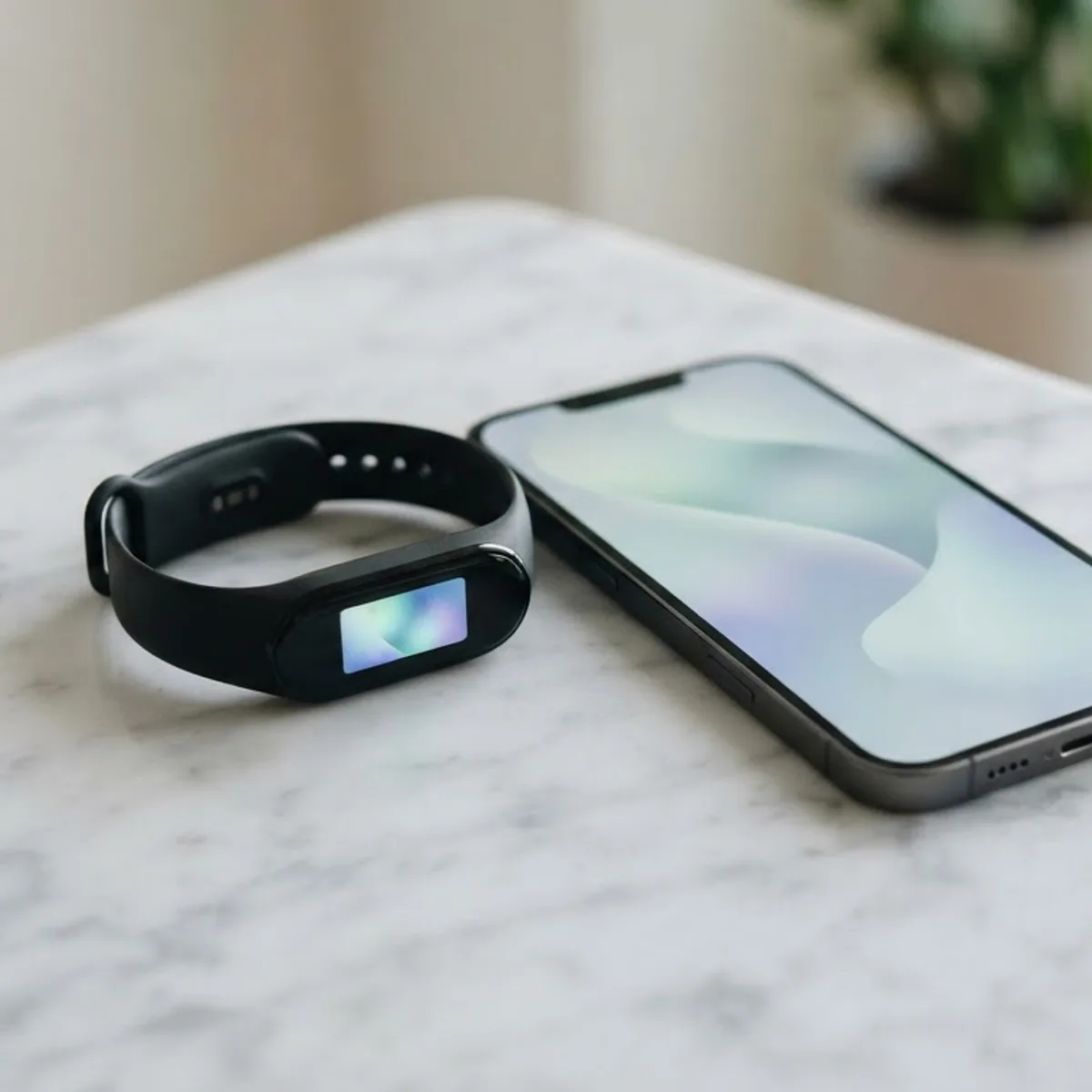 A slim black fitness tracker lying right next to a smartphone on a white marble table, both screens softly lit