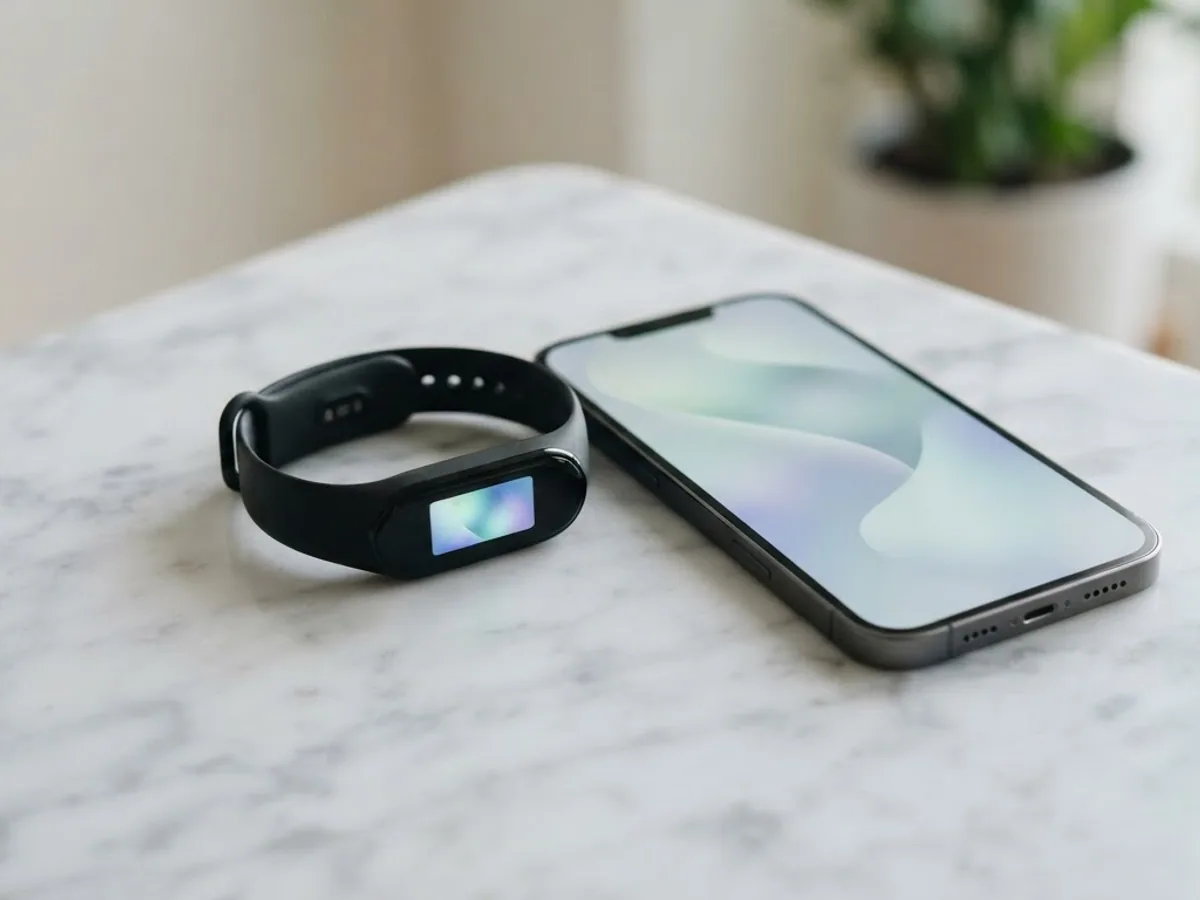 A slim black fitness tracker lying right next to a smartphone on a white marble table, both screens softly lit