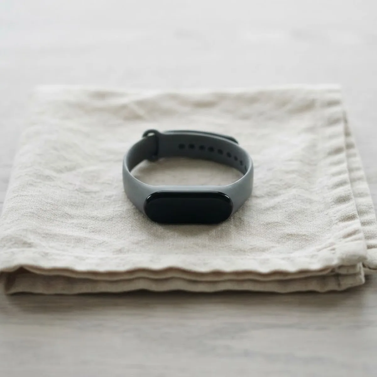 A slim fitness tracker with a grey band resting on a folded linen cloth on a pale wooden table