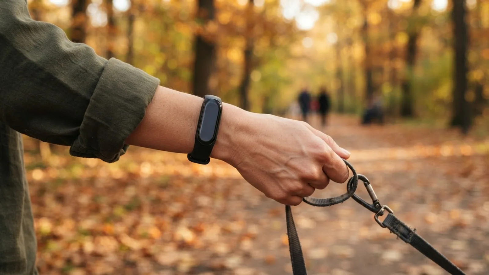A wrist wearing a slim black fitness tracker while the hand holds a dog leash on an autumn park path