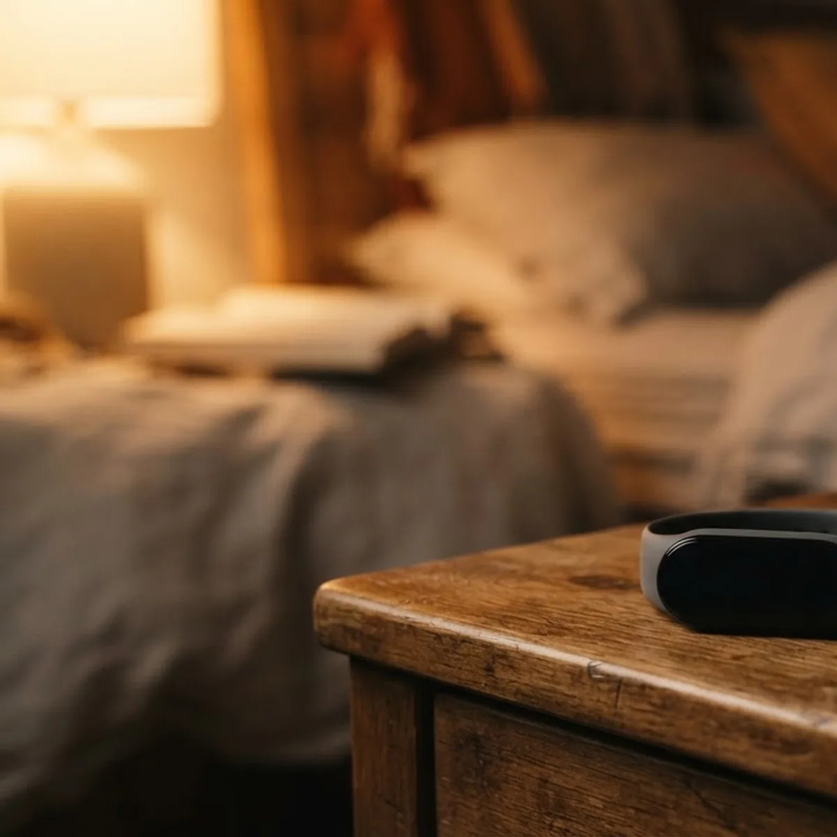 A slim fitness tracker lying on a wooden nightstand beside an hourglass in a lamp lit bedroom